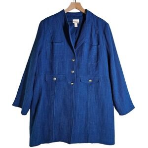 Chico's Woven Tweed Jacket 3‎ XL/16 Teal Blue Textured Button Front Coat